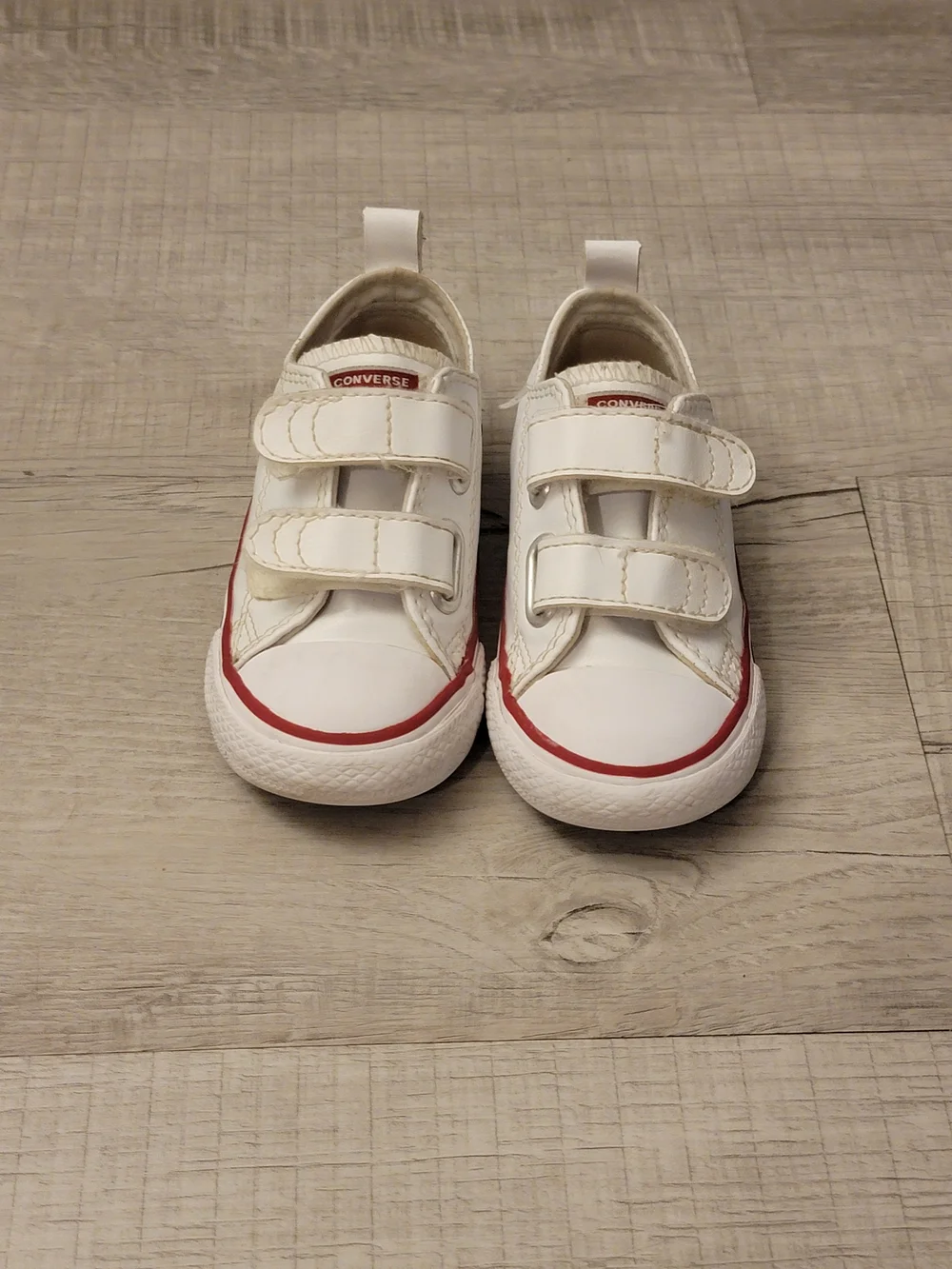 Converse Kids White Sneakers with Red Trim and Velcro
